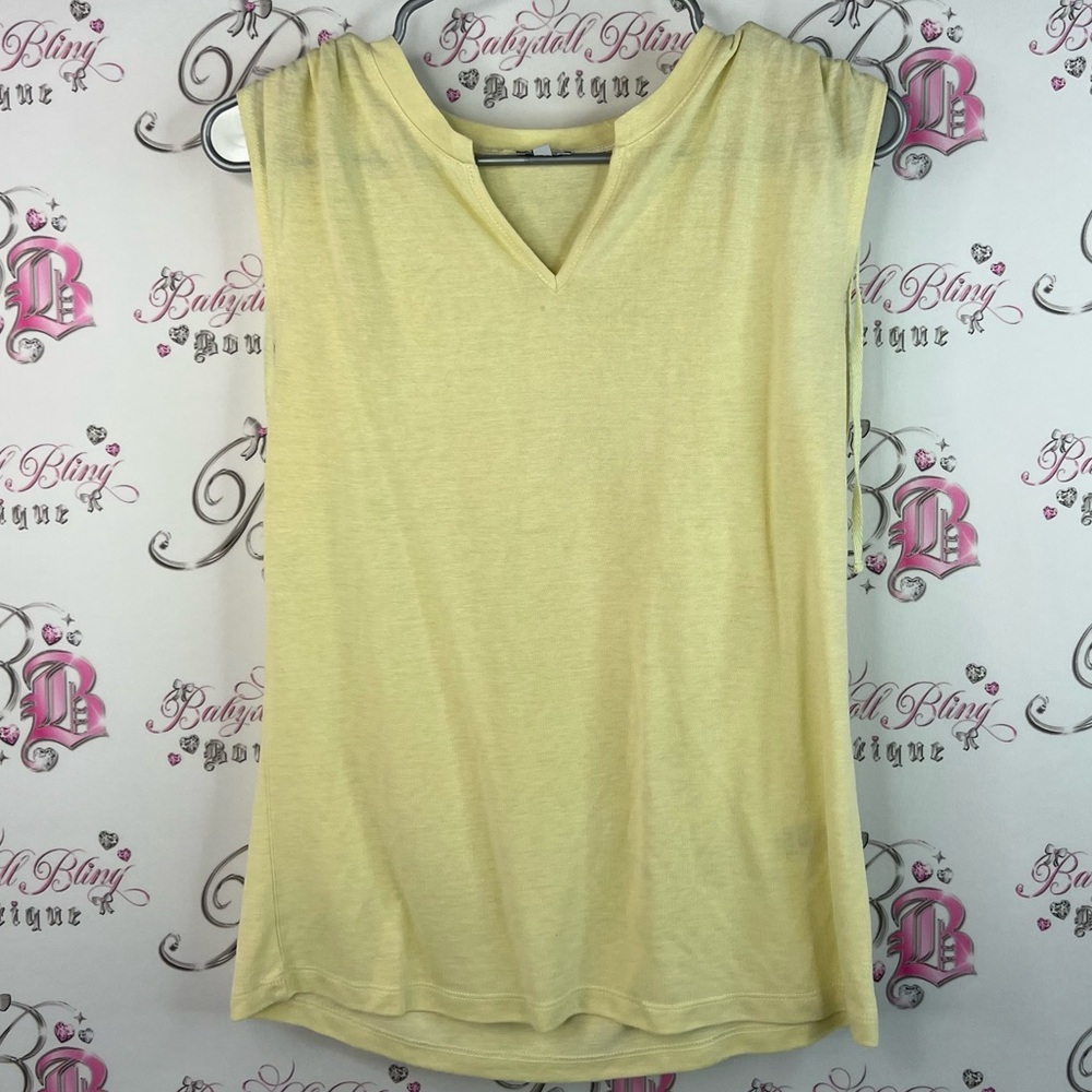 Kismet Vneck tie up shoulder detail ribbons Light Yellow Tank Top